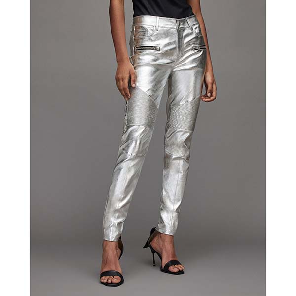 Allsaints Australia Womens Suri Metallic Coated Leather Biker Jeans Silver AU82-461